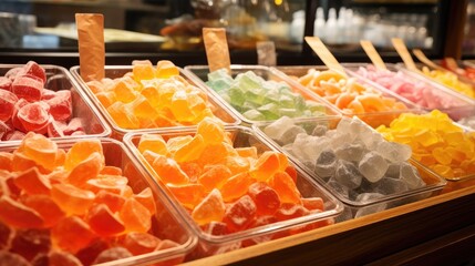 Marmalade candy jelly showcase supermarket grocery market wallpaper background
