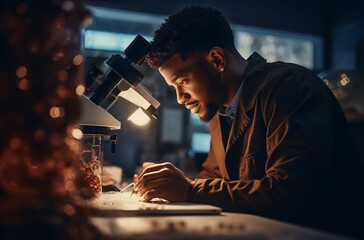a black male worker looking at the microscope, organic fluidity, hatecore, explosive pigmentation