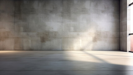 Modern loft wall background grey floor and light from window. Empty room with a concrete floor and soft light from the window on the right.