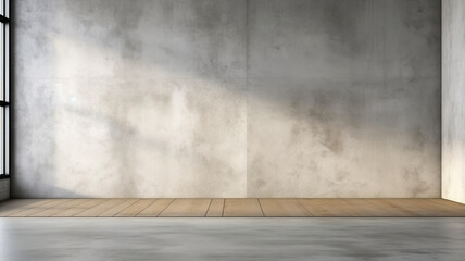 Minimal style interior room with grey wall. An empty room with a concrete floor and soft light from the window on the left. Window light. Interior in grey colors.