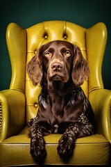 a brown dog sitting in a yellow chair, cinematic mood, photographically detailed portraitures, close up