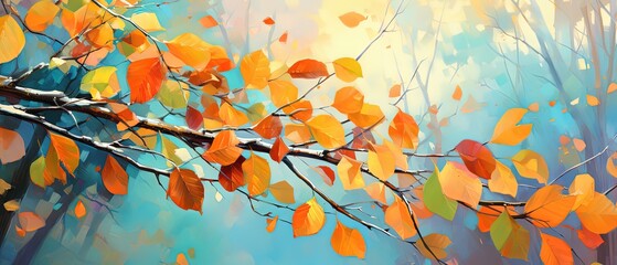 illustration of orange leaves branch with sunlight and bokeh, peaceful Autumn and fall season foliage wallpaper background, Generative Ai