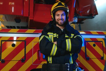 Firefighter portrait on duty. fireman with helmet near fire engine