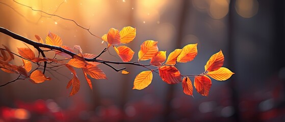 close up orange leaves branch with sunlight and bokeh, peaceful Autumn and fall season foliage wallpaper background, Generative Ai