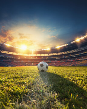 ball on the green field in soccer stadium. ready for game in the midfield
