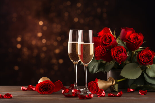 Conceptual image with two champagne flute glasses. Valentines Day background. Love and Valentine's Day concept