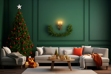 Elegant Christmas living room with a classic green sofa, festive tree, and glowing candles.