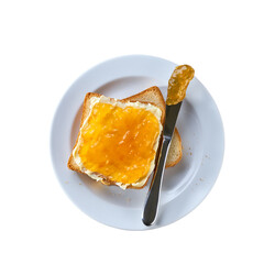 Delicious toast with orange jam on a plate, isolated on a white background. Top view.