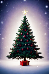 Obraz premium a winter christmas pine tree with snow realistic vivid colors drawing pen decoration generative ai