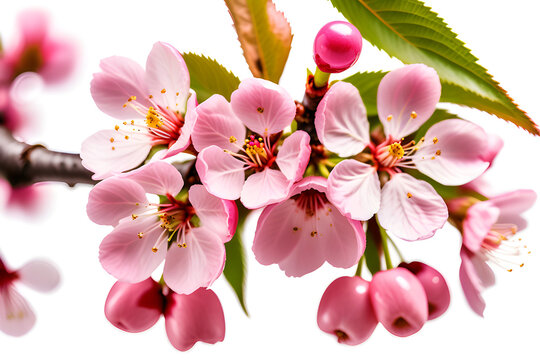 bright pink cherry tree flowers on white isolated background generative ai