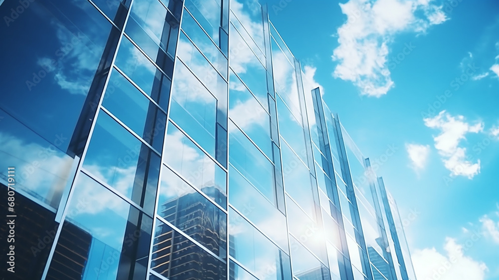 Poster modern office building with glass and clouds