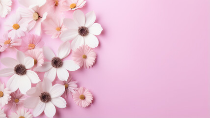 white and pink flowers on pink background. top view.