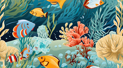 Marine life and coral motifs in seaside themed mosaic, seamless texture