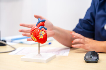 Close-up photo of an unrecognizable cardiologist using a heart shape model to explain something to...