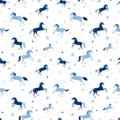Stylized horses galloping in the snow, seamless vector pattern