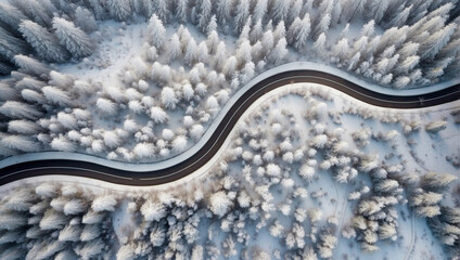 top view of a winding road in the middle of a snowy pine forest