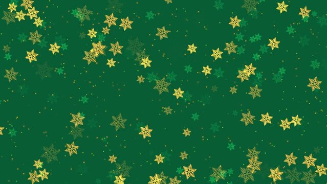 Abstract festive winter background with animated falling snow golden snowflakes and spark particles glowing and twinkling on green backdrop. Decorative video animation for Christmas or New Year party.