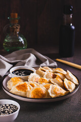 Pan-fried dumplings with soy sauce on a plate on the table vertical view