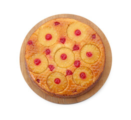 Tasty pineapple cake with cherries isolated on white, top view