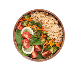 Tasty fried rice with vegetables in bowl isolated on white, top view