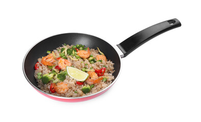 Tasty rice with shrimps and vegetables in frying pan isolated on white