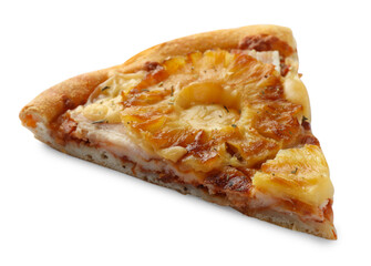 Piece of delicious pineapple pizza isolated on white