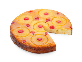 Delicious cut pineapple pie with cherry isolated on white
