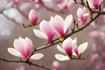 pink and spring magnolia flowers and branches generative ai