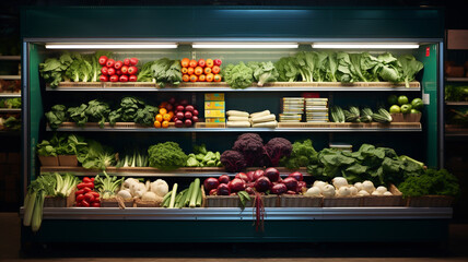 Grocery shelves in bio supermarket with fresh green vegetables and fruit