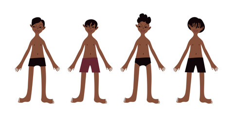 Four Latin American boys in swimsuits. Children. Kids. Diversity. Brown skin tone and dark hair. Vector illustration in flat style
