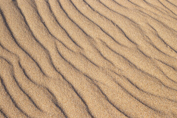 Yellow sand with a wavy pattern, top view. Background, texture.