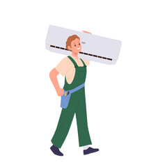Man technician cartoon character in uniform carrying air conditioner for installation or replacement