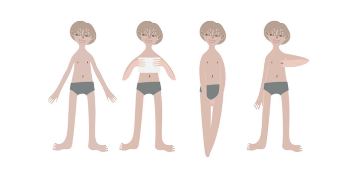 Four northern women in swimsuits. Different body sizes and shapes. Diversity. Pale skin tone and blonde hair. Vector illustration in flat style
