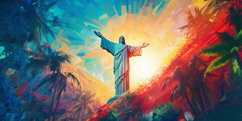 Christ the Redeemer, mixed media, vibrant tropical colors, fragmented style with palm leaves, sun flare, ethereal aura