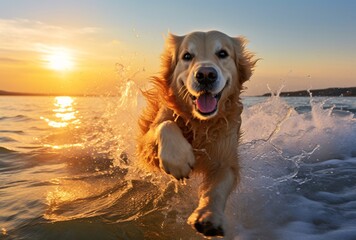 golden retriever running into the sea at sunset playful and fun images photorealistic techniques youthful energy