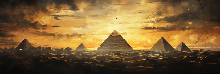 Egyptian Pyramids, ink splatter style, desert colors with pops of gold