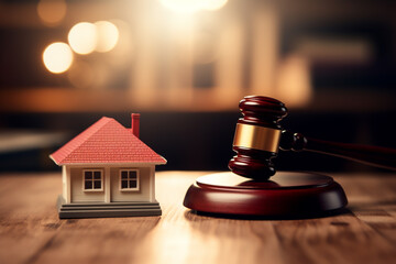 Minitiature home with gavel on table, concept of home purchase on the real estate market 