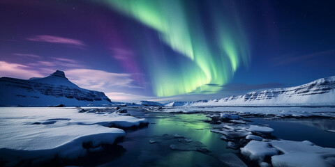Northern Lights over the Icelandic landscape, snow-covered foreground, vibrant green and purple sky
