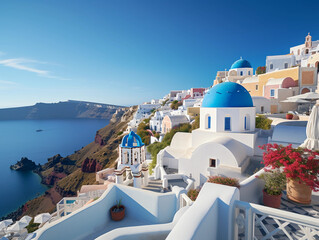 Santorini, Greece, iconic white buildings, deep blue sky - obrazy, fototapety, plakaty