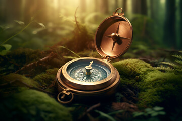 Compass on nature green forest background 