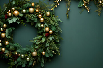 Classy Christmas wreath adorned with golden ornaments on a contrasting dark green wall