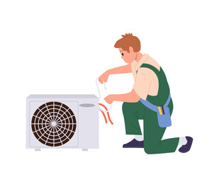 Service man cartoon character repairing or installing air conditioner isolated on white background