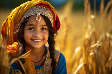 A little Punjabi girl participating in the harvest festivities, symbolizing the agricultural traditions of the region.  - obrazy, fototapety, plakaty