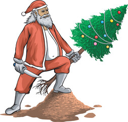 Santa Claus standing holding a knife and a Christmas tree, suitable for stickers, t-shirt designs and Christmas cards