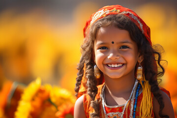 A little Punjabi girl participating in the harvest festivities, symbolizing the agricultural traditions of the region.  - obrazy, fototapety, plakaty