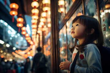 Naklejka premium A little Taiwanese girl exploring the bustling streets of Taipei, absorbing the energy of the city and modern Taiwanese culture.