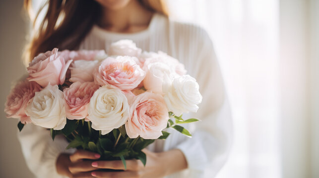 White-pink roses in the hands of a happy woman. Rose petal close-up. Beautiful holiday spring bouquet. Florist girl with blossom flower. Fresh floral bunch. Romantic surprise from a loved one