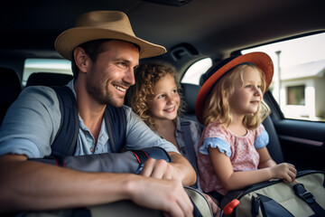 Family on a holiday road trip in car, concept of travel and tourism - obrazy, fototapety, plakaty