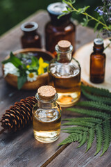 Concept of alternative herbal medicine. Bottles of tincture or potion, organic essential oils, dry healthy herbs, floral extracts on wooden table. Pure natural ingredients for cosmetic production