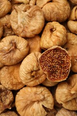Many tasty dried figs as background, top view